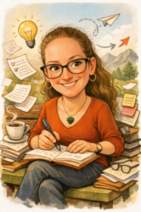 Illustration: Frau am Schreibtisch mit kreativen Gedanken, Symbolbild für den Ruhe mit Richtung Blog